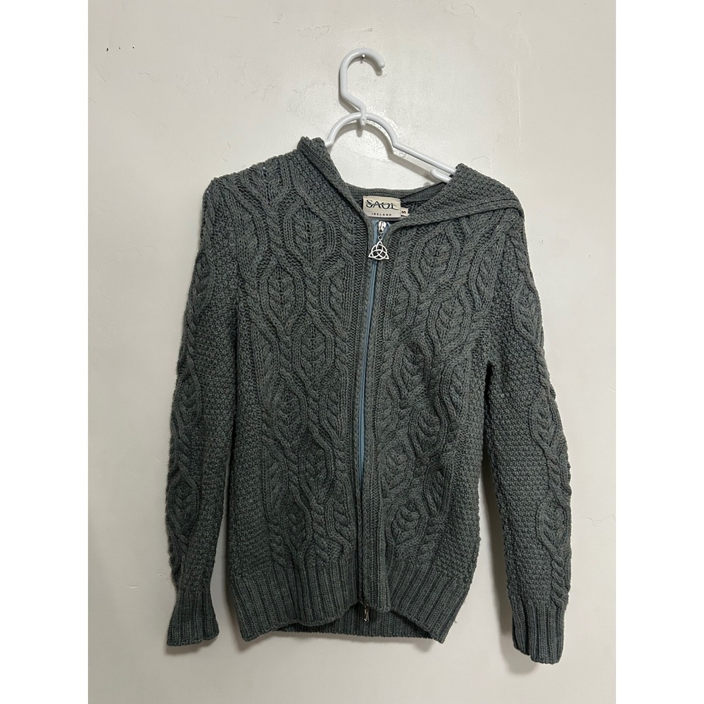 Saol Ireland Grey Cable Knit Full Zip Hoodie Celtic Trinity Knot Wool Blend S